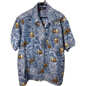 Vintage Roundy Bay Hawaiian Shirt Mens Large Blue Button Up Vacation Pool Attire